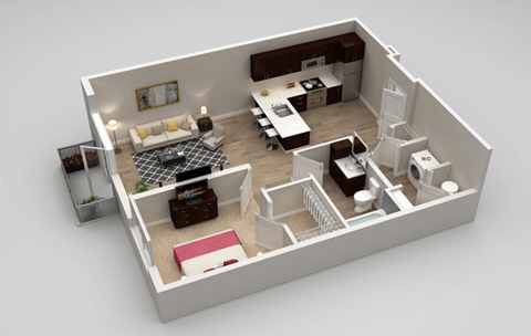Floor plan for 1 bed, 1 bath, 727 sqft